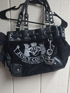Juicy Couture Black Suede & Leather Shoulder Bag with Crest Charm